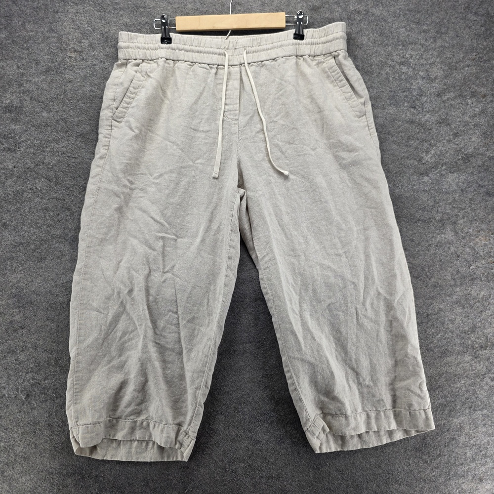 Talbots Pants Womens 1X Beige Linen Cropped Pull On Drawstring Pockets 23 In